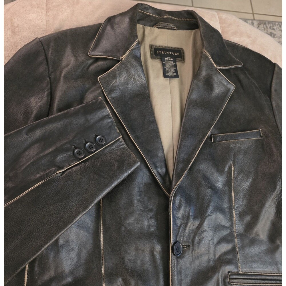 Vintage Structure Leather Blazer Mens L 42-44 Distressed Black Y2K Jacket